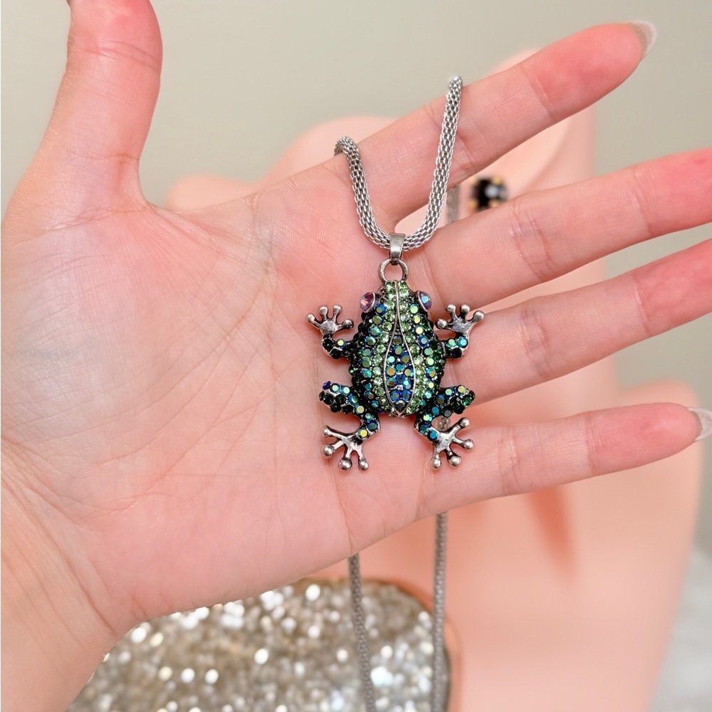Silver Frog Pendant Necklace with Crystals - Picture 7 of 8